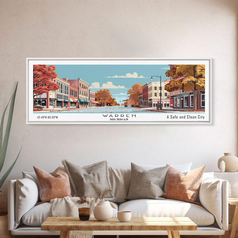 Warren Michigan Panoramic Painting, Mid Century Modern Framed Canvas Print, Retro Pop Art Travel Poster, Office Wall Art, Home Decoration