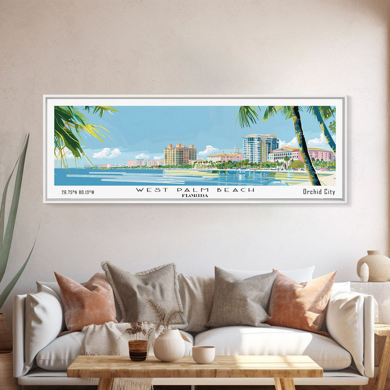 West Palm Beach Florida Panoramic Art, Mid Century Modern Framed Canvas Print, Retro Pop Art Travel Poster, City Print, Living Room Wall Decor