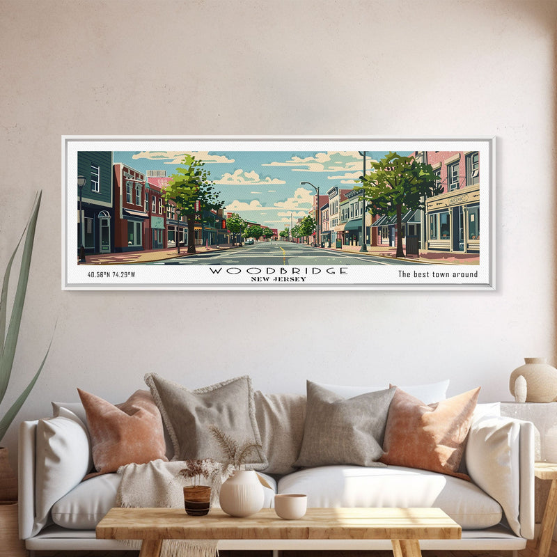 Woodbridge New Jersey Panoramic Painting, Mid Century Modern Framed Canvas Print, Retro Pop Art Travel Poster, Office Wall Art, Home Decoration