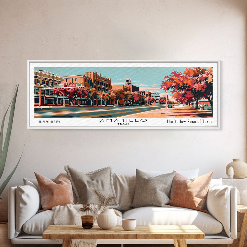 Amarillo Texas Panoramic Painting, Framed Canvas Print, Mid Century Modern Wall Art, Retro Pop Art Travel Poster, Home Decor, City Art