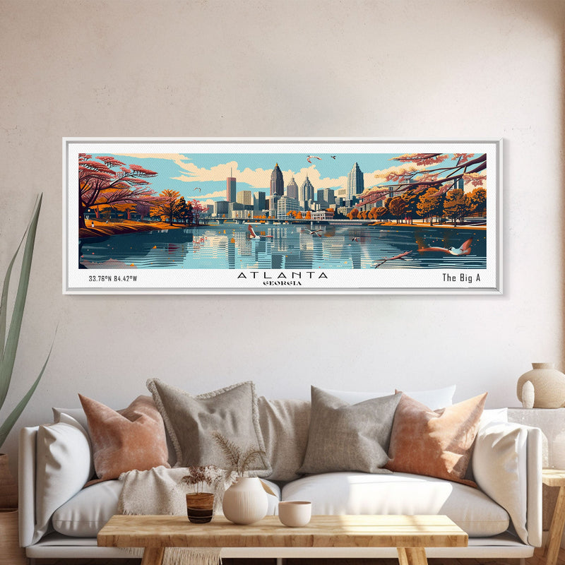 Atlanta Georgia Panoramic Painting, Framed Canvas Print, Mid Century Modern Wall Art, Retro Pop Art Travel Poster, Home Decor, City Art