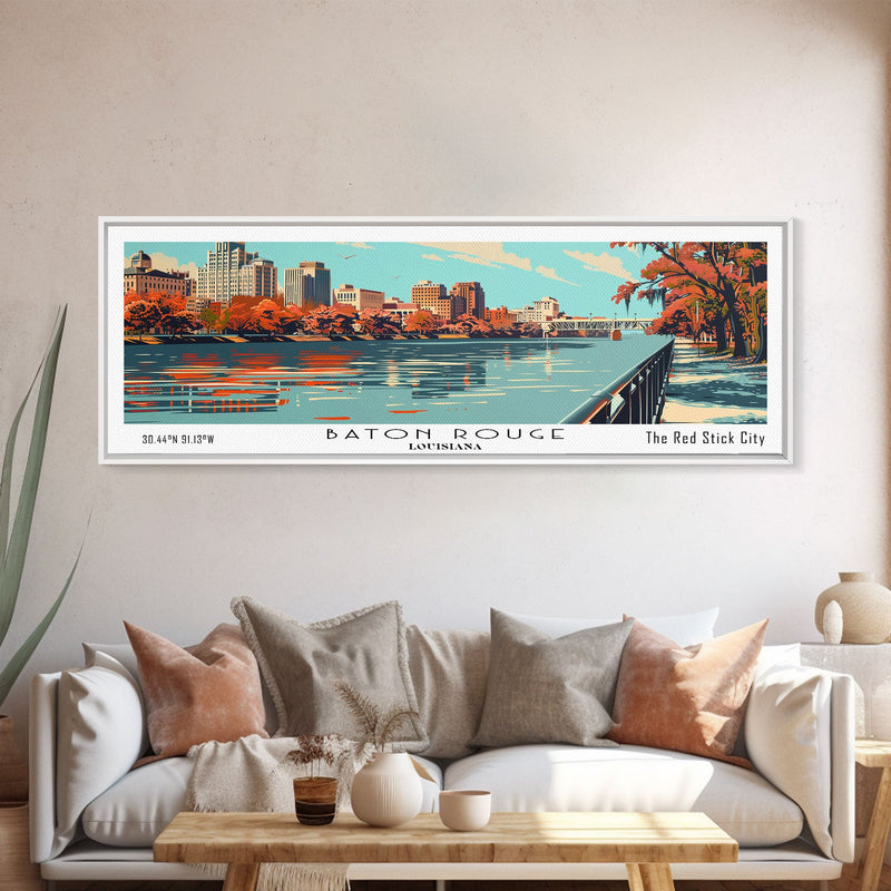 Baton Rouge Louisiana Panoramic Painting, Framed Canvas Print, Mid Century Modern Wall Art, Retro Pop Art Travel Poster, Living Room Decor, City Art