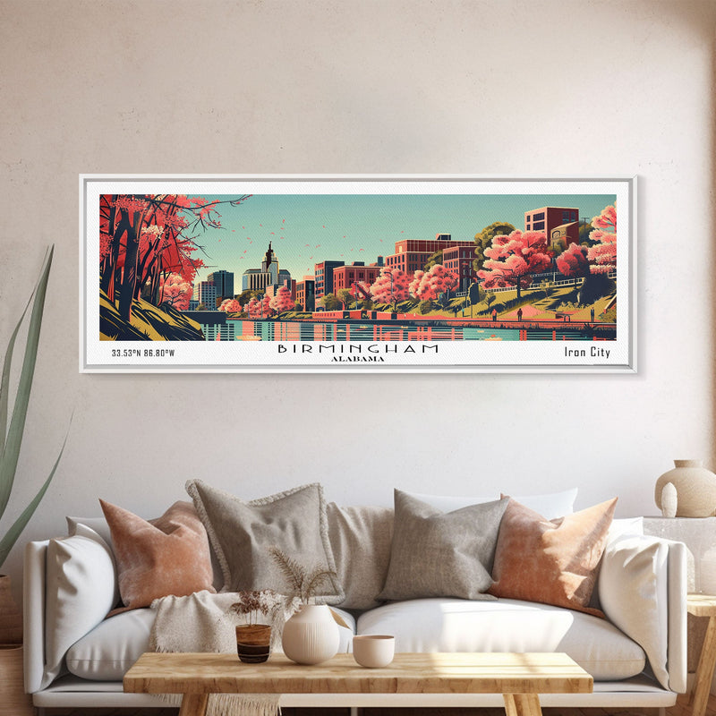 Birmingham Alabama Panoramic Painting, Framed Canvas Print, Mid Century Modern Wall Art, Retro Pop Art Travel Poster, Office Decor, City Art