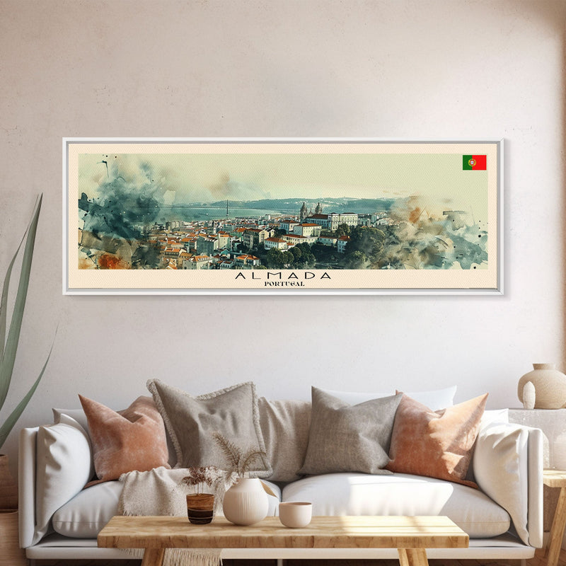 Almada Portugal Travel Art, City Art, Framed Canvas Print or Metal Wall Art, Europe Travel Poster, Panoramic Wall Art, Extra Wide Wall Art