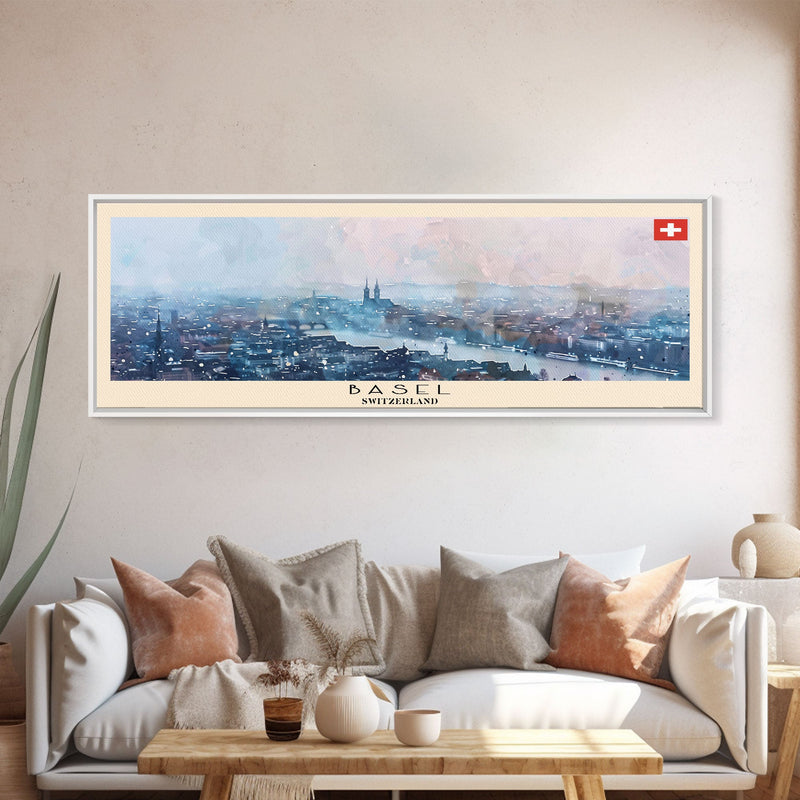 Basel SwitzerlandTravel Art, City Art, Framed Canvas Print or Metal Wall Art, Europe Travel Poster, Panoramic Wall Art, Extra Wide Wall Art