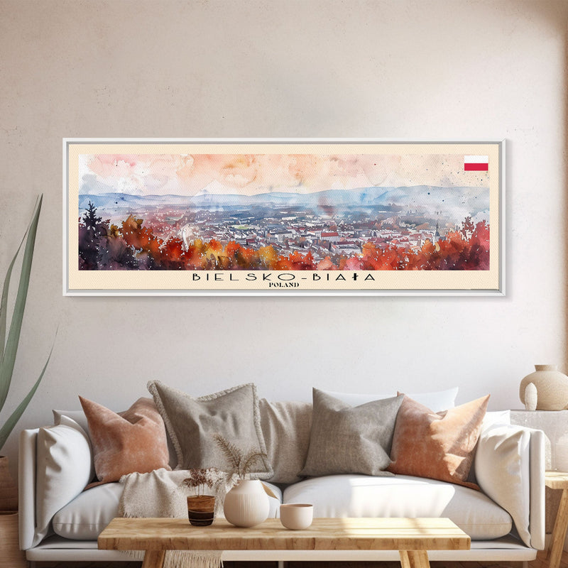 Bielsko Biala Poland Travel Art, City Art, Framed Canvas Print or Metal Wall Art, Europe Travel Poster, Panoramic Wall Art, Extra Wide Wall Art