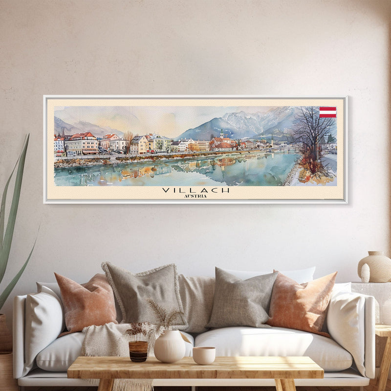 Villach Austria Travel Art, City Art, Framed Canvas Print or Metal Wall Art, Europe Travel Poster, Panoramic Wall Art, Extra Wide Wall Art