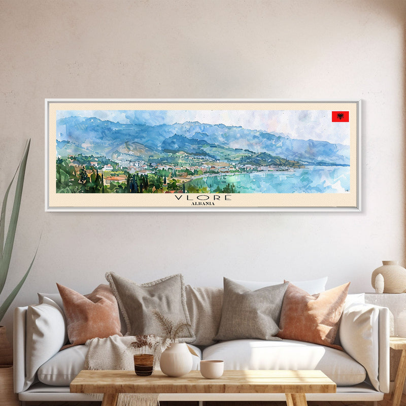 Vlore Albania Travel Art, City Art, Framed Canvas Print or Metal Wall Art, Europe Travel Poster, Panoramic Wall Art, Extra Wide Wall Art