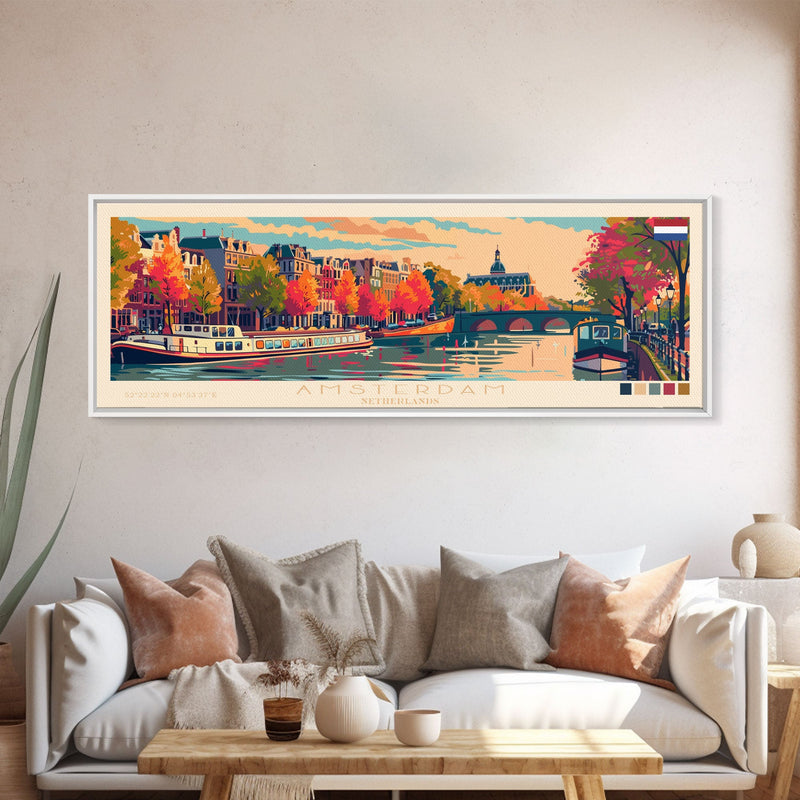 Amsterdam Netherlands Travel Art, City Art, Framed Canvas Print or Metal Wall Art, Europe Travel Poster, Panoramic Wall Art, Extra Wide Wall Art