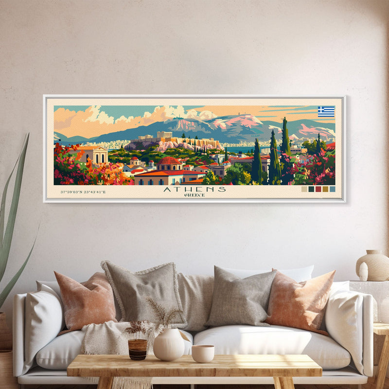 Athens Greece Travel Art, City Art, Framed Canvas Print or Metal Wall Art, Europe Travel Poster, Panoramic Wall Art, Extra Wide Wall Art