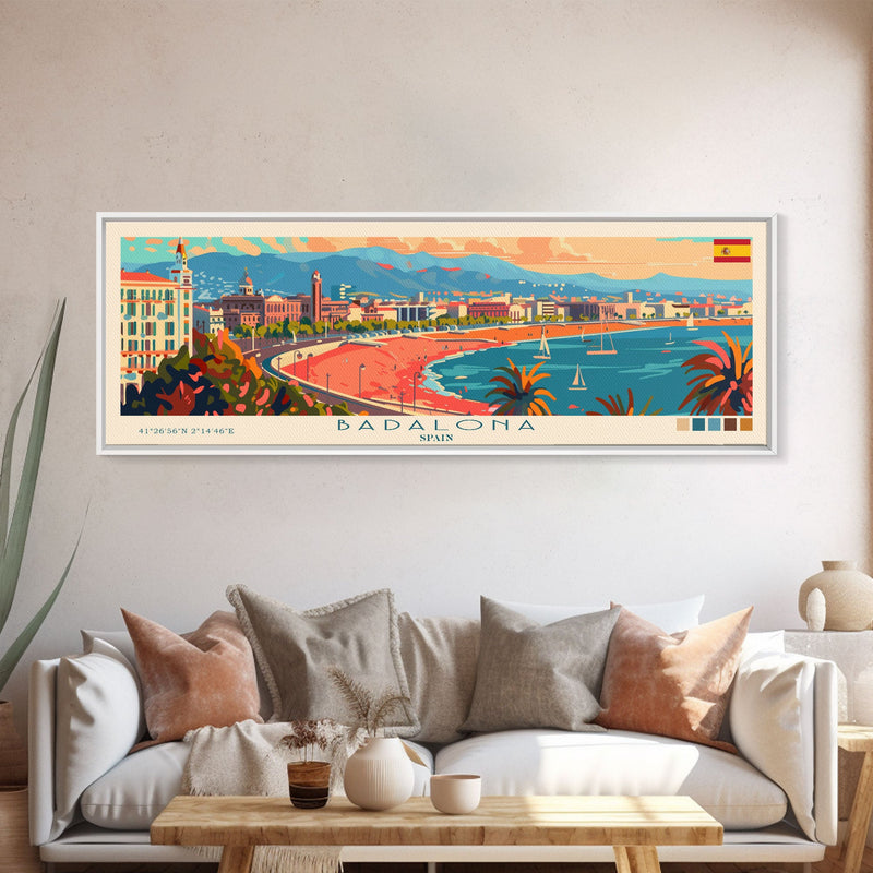 Badalona Spain Travel Print Wall Art, Panoramic City Art, Travel Art, Wall Decor, Vacation Gift, Framed Canvas Print Or Metal Art