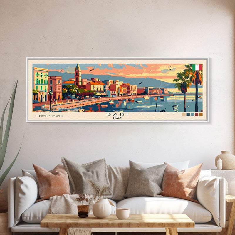 Bari Italy Travel Art, City Art, Framed Canvas Print or Metal Wall Art, Europe Travel Poster, Panoramic Wall Art, Extra Wide Wall Art