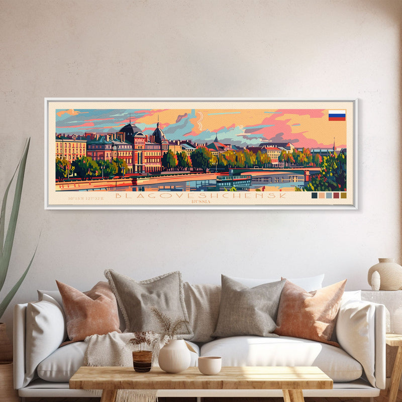 Blagoveshchensk Russia Travel Art, City Art, Framed Canvas Print or Metal Wall Art, Europe Travel Poster, Panoramic Wall Art, Extra Wide Wall Art