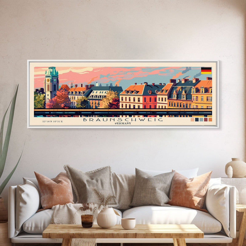 Braunschweig Germany Travel Art, City Art, Framed Canvas Print or Metal Wall Art, Europe Travel Poster, Panoramic Wall Art, Extra Wide Wall Art