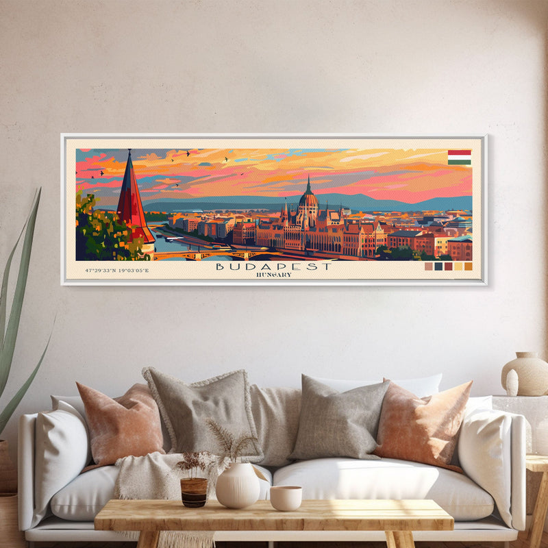 Budapest Hungary Travel Art, City Art, Framed Canvas Print or Metal Wall Art, Europe Travel Poster, Panoramic Wall Art, Extra Wide Wall Art