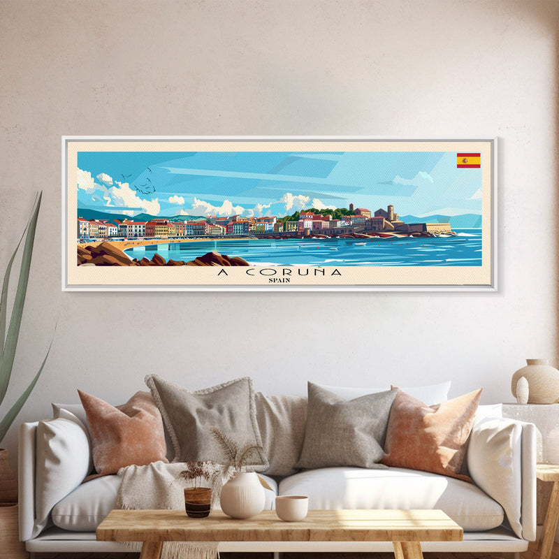 A CoruÅ„a Spain Travel Art, City Art, Framed Canvas Print or Metal Wall Art, Europe Travel Poster, Panoramic Wall Art, Extra Wide Wall Art