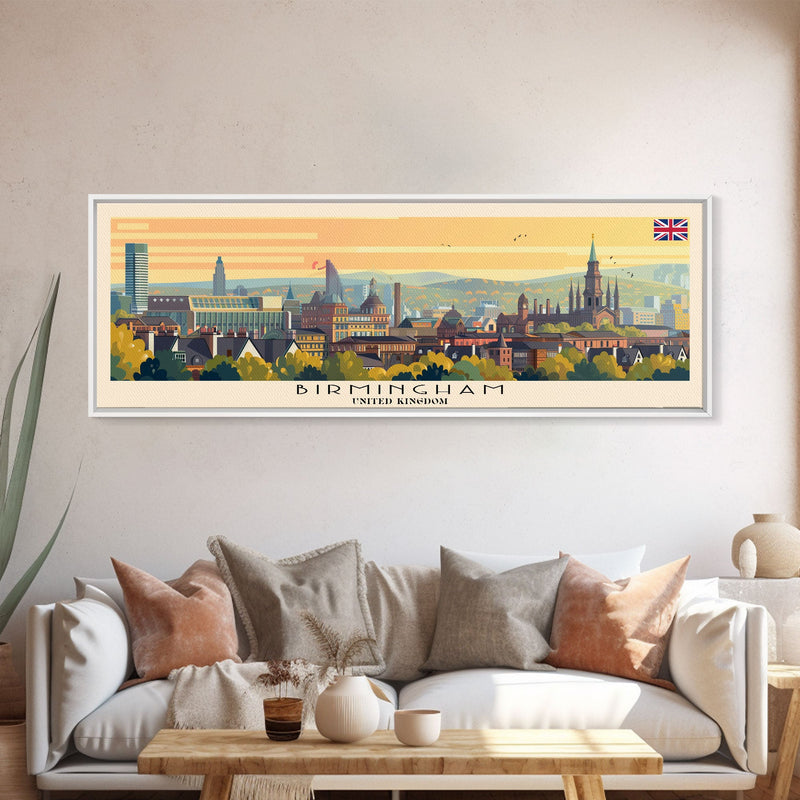 Birmingham United Kingdom Travel Print Wall Art, Panoramic City Art, Travel Art, Wall Decor, Vacation Gift, Framed Canvas Print Or Metal Art