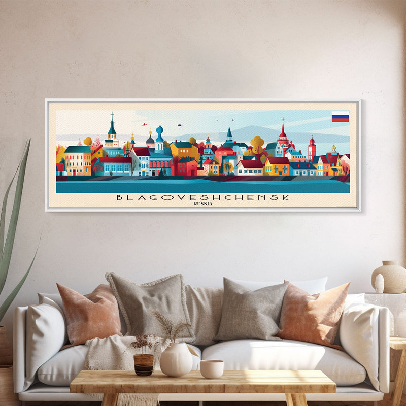 Blagoveshchensk Russia Travel Art, City Art, Framed Canvas Print or Metal Wall Art, Europe Travel Poster, Panoramic Wall Art, Extra Wide Wall Art