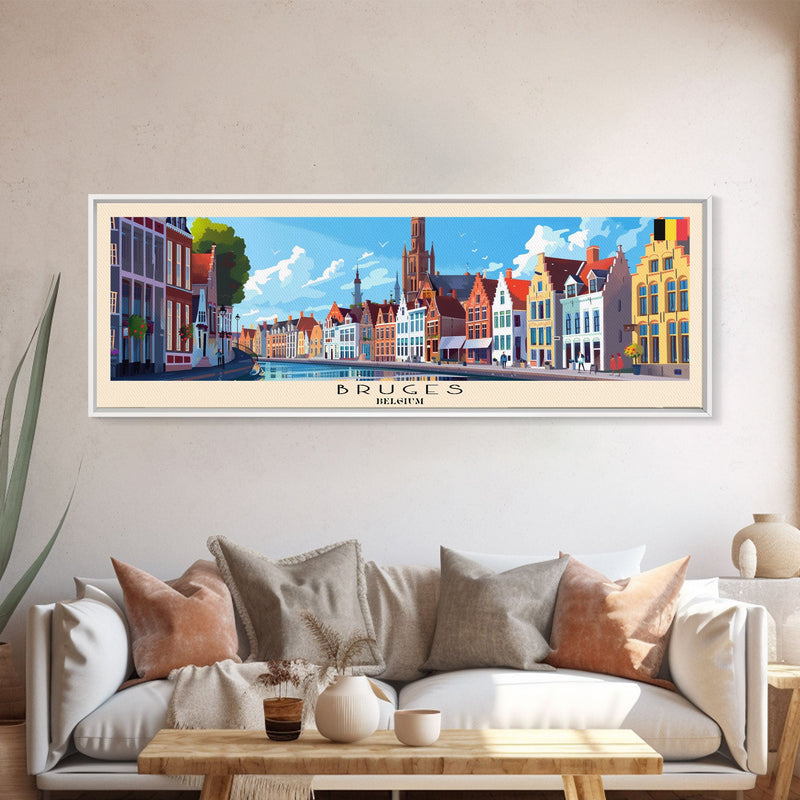 Bruges Belgium Travel Art, City Art, Framed Canvas Print or Metal Wall Art, Europe Travel Poster, Panoramic Wall Art, Extra Wide Wall Art