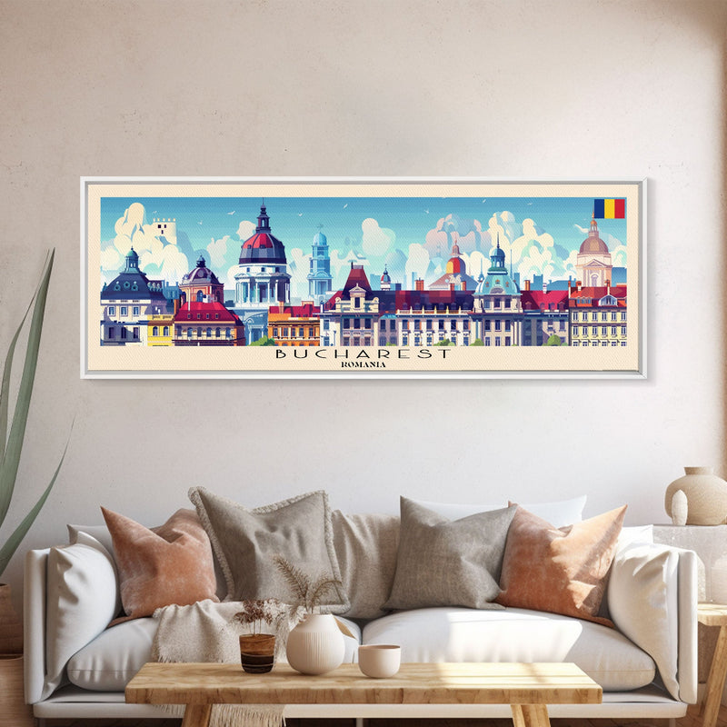 Bucharest Romania Wall Art, Panoramic Travel Poster, Panoramic Framed Canvas Print, City Wall Art, Wall Hanging Home Decor, Travel Art