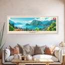 Lugano Switzerland Panoramic Travel Poster, Framed Canvas Print or Metal Wall Art, Travel Art, Home Decor, Panoramic Painting, Midcentury Art