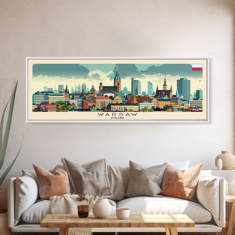 Warsaw Poland Travel Art, City Art, Framed Canvas Print or Metal Wall Art, Europe Travel Poster, Panoramic Wall Art, Extra Wide Wall Art