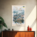 Dnipro Ukraine Urban Landscape Framed Canvas Print, Watercolor Travel Poster, Eastern European Wall Art, Elegant Home Decor, Retro Cityscape Art, Living Room Accent