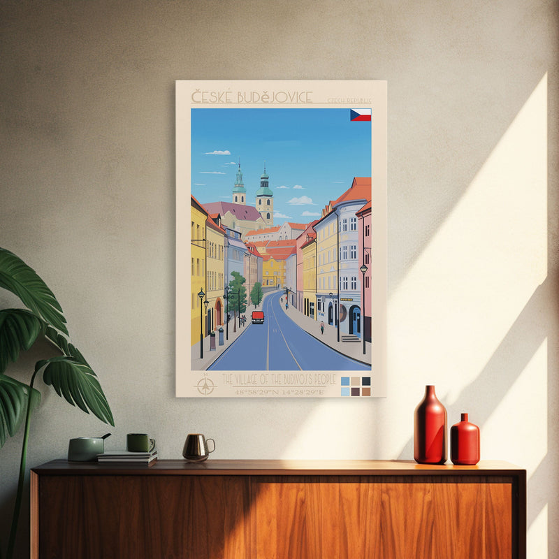 ÄŒeskÃ© BudÄ›jovice Czech Republic Travel Poster Framed Canvas Print, Midcentury Modern Art, Pop Art Decor, Living Room Wall Art