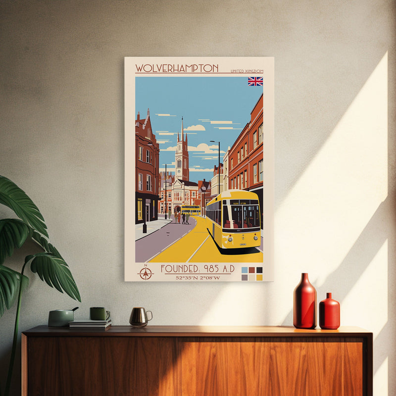 Wolverhampton United Kingdom Travel Poster Framed Canvas Print, Midcentury Modern Art, Pop Art Wall Decor, Living Room Art, Vacation Gift