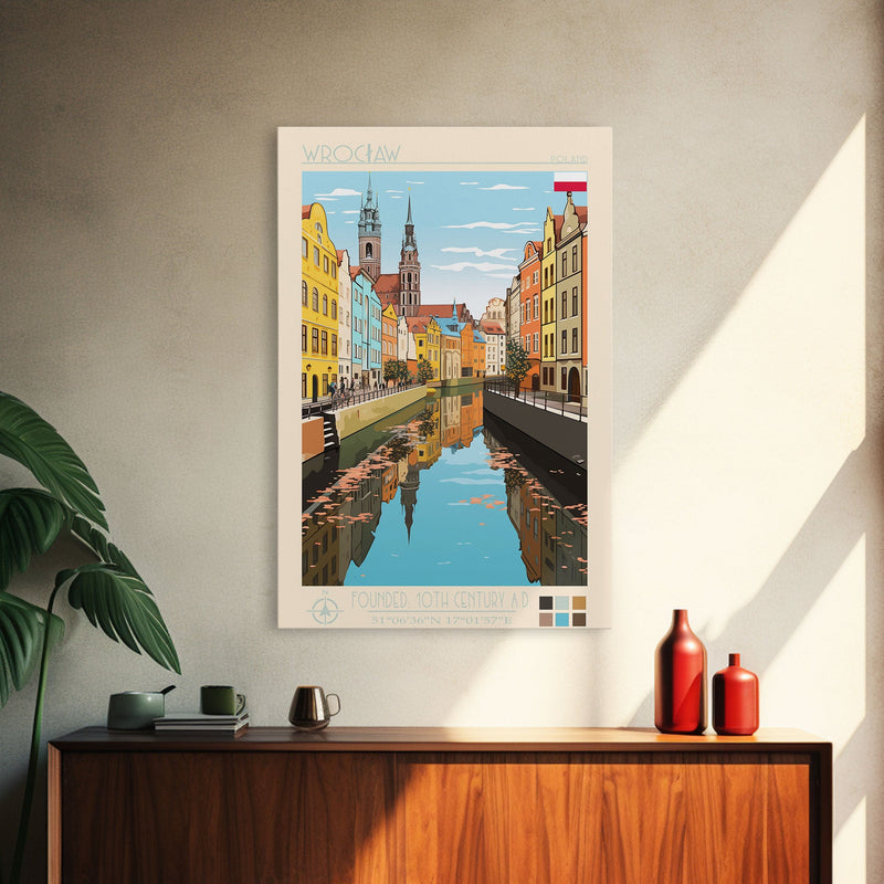 WrocÅ‚aw Poland Travel Poster Framed Canvas Print, Midcentury Modern Art, Pop Art Wall Decor, Living Room Art, Scenic Wall Art