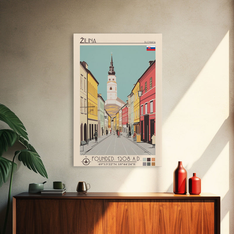 Å½ilina Slovakia Travel Poster Framed Canvas Print, Midcentury Modern Art, Pop Art Decor, Living Room Wall Art, Vacation Gift, Scenic Print