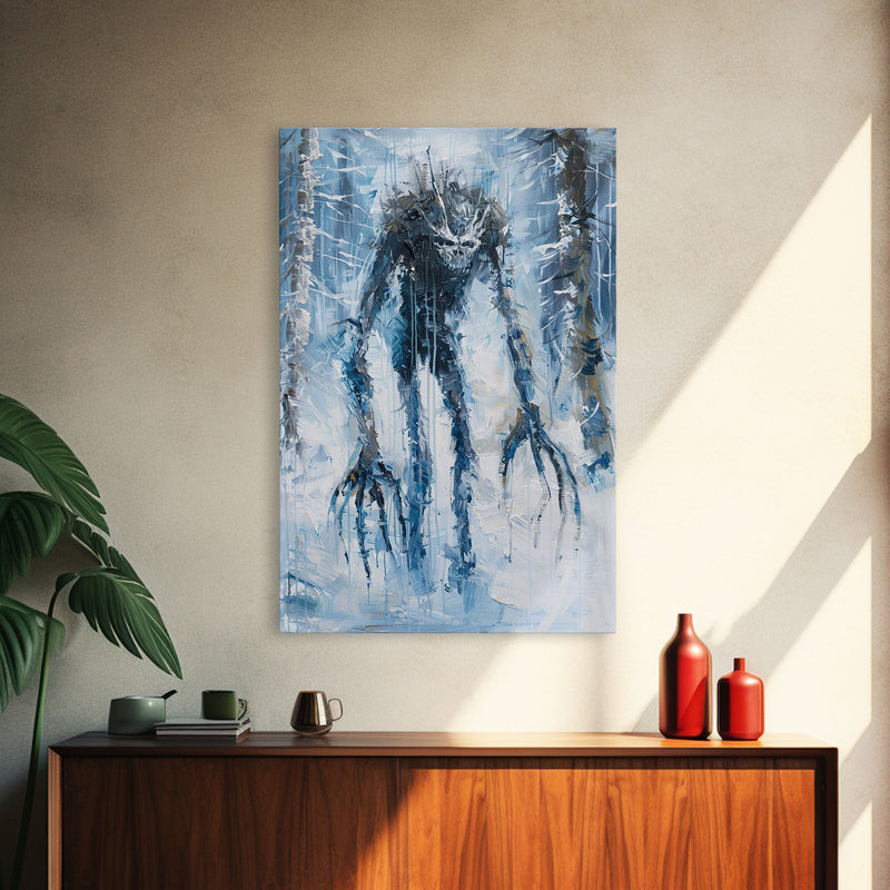 Wendigo in Winter Woods Framed Canvas Print, Eerie Winter Monster Decor, Halloween Creature Art Haunted Forest Wall Art Spooky Monster Print