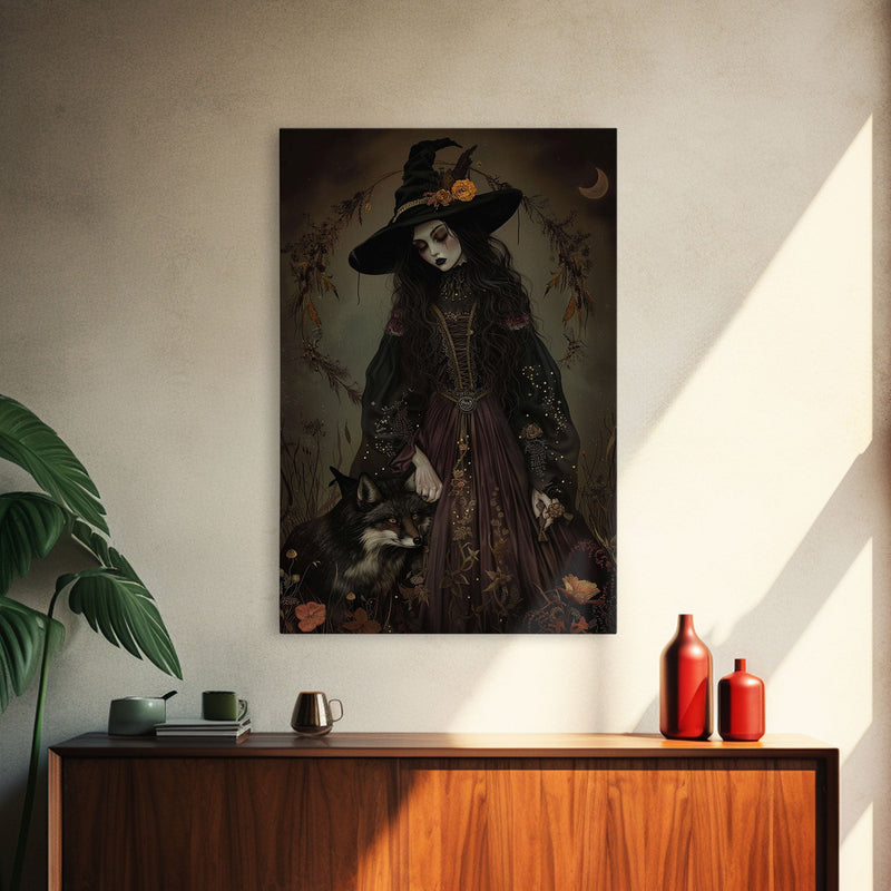 Witch and Fox Framed Canvas Print, Melancholic Witch Painting, Halloween Decor, Witchy Art, Spooky Vibes, Moody Decor