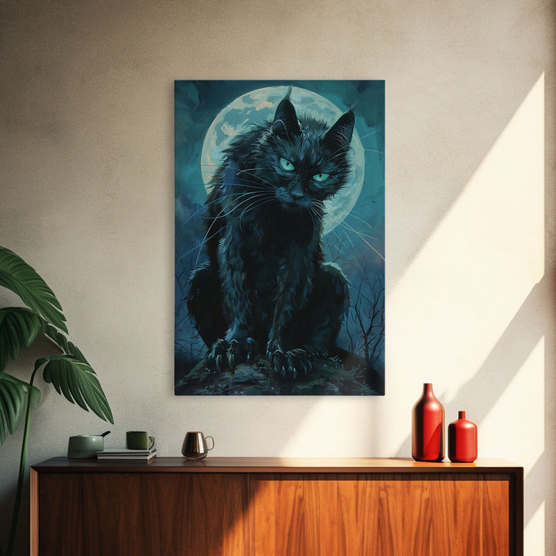 Black Cat with Piercing Eyes Against Full Moon | Halloween Wall Art | Spooky Home Decor | Creepy Black Cat Painting | Framed Canvas Print