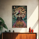 Whimsical Witch with Bats Under Full Moon, Framed Canvas Print, Spooky Halloween Art, Witch Decor, Magical Night, Enchanted Home Decor