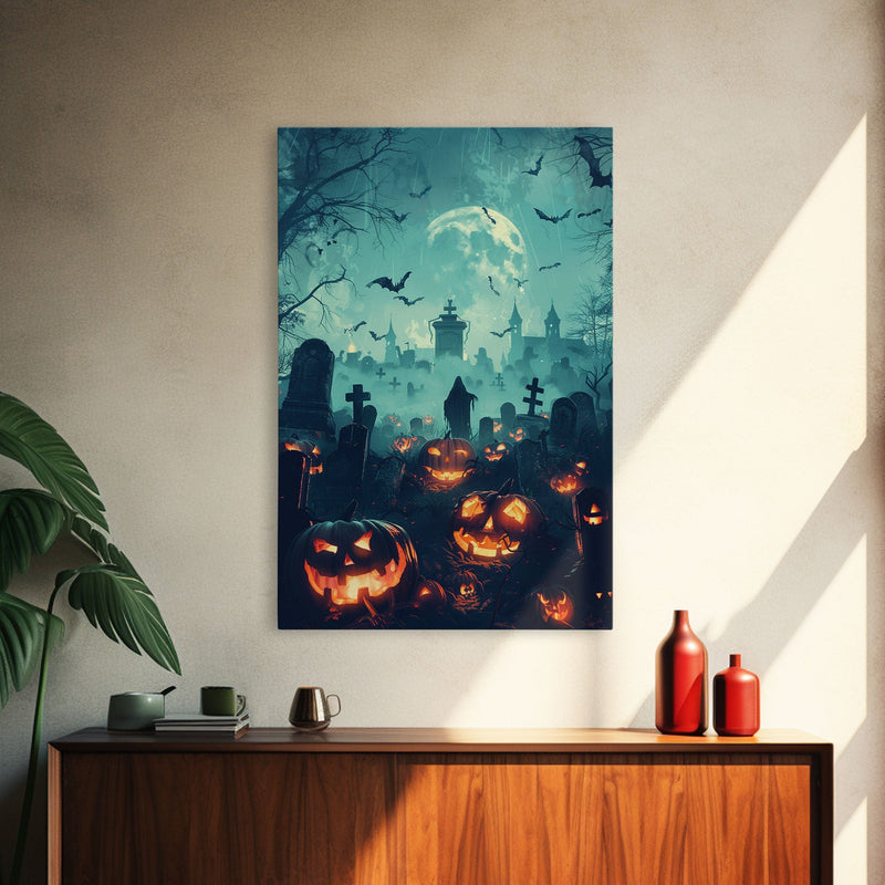 Bats and Jack-O-Lanterns Framed Canvas Print, Halloween Wall Art, Haunted Graveyard, Home Decor, Spooky Art, Living Room Decor, Gothic Art