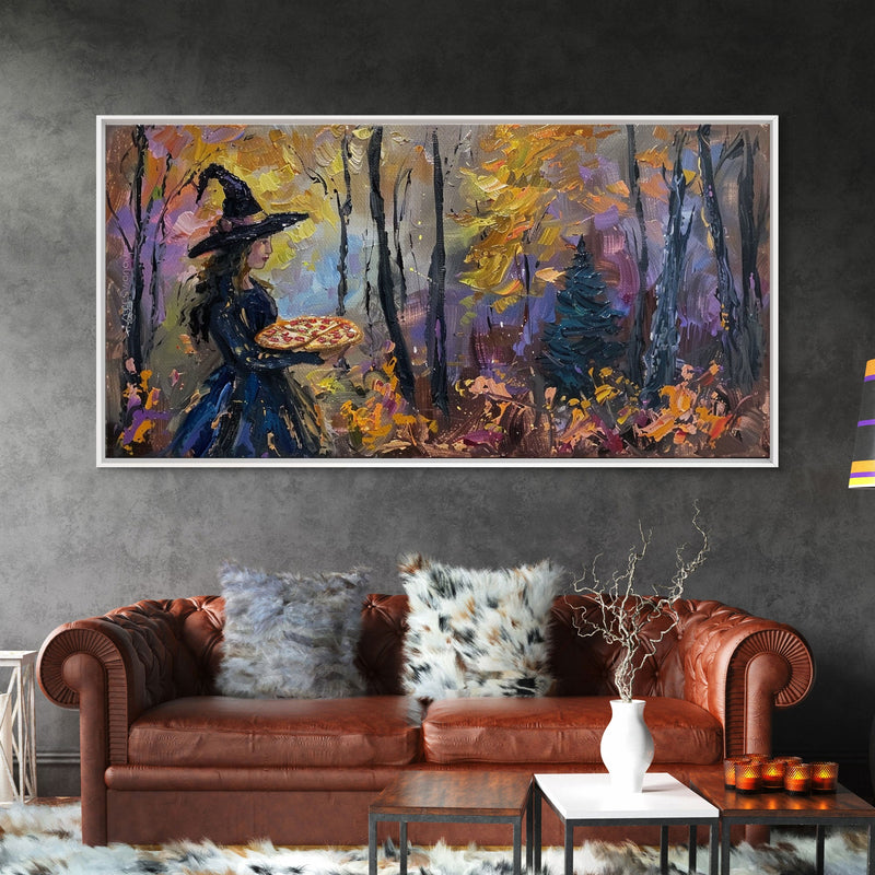 Witch Having A Pizza Party For One In The Haunted Forest, Framed Canvas Print, Funny Halloween Art