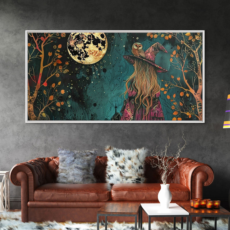 Victorian Witch and her Owl Familiar | Framed Canvas Print | Dark Academia Wall Art | Victorian Style Halloween Art