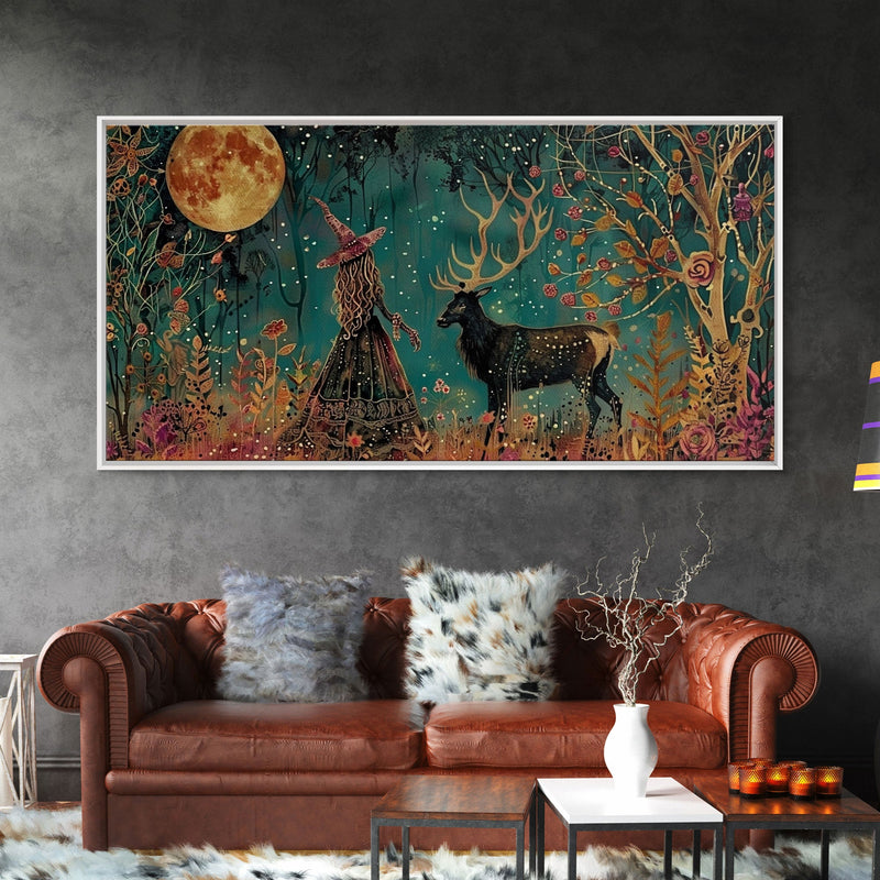 Victorian Witch and her Elk Familiar | Framed Canvas Print | Dark Academia Wall Art | Victorian Style Halloween Art