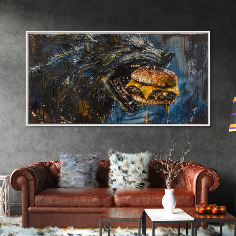 Big Ol Werewolf Having A Cheese Burger - Framed Canvas Print - Funny Halloween Art