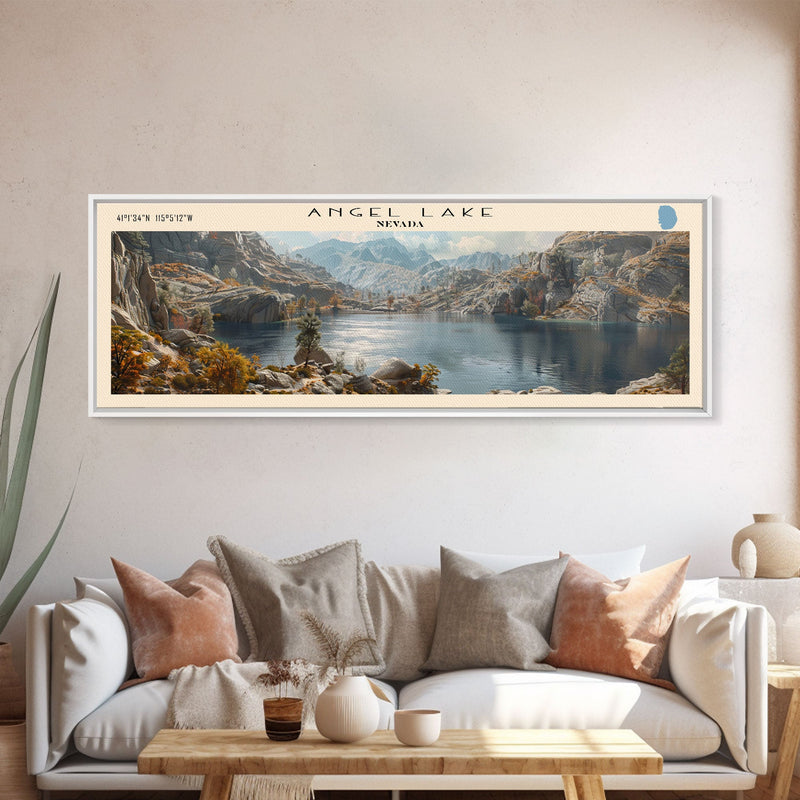 Angel Lake Nevada Panoramic Framed Canvas Print, Lake House Art, Boho Decor, Travel Poster, Nature Wall Art, Serene Scene