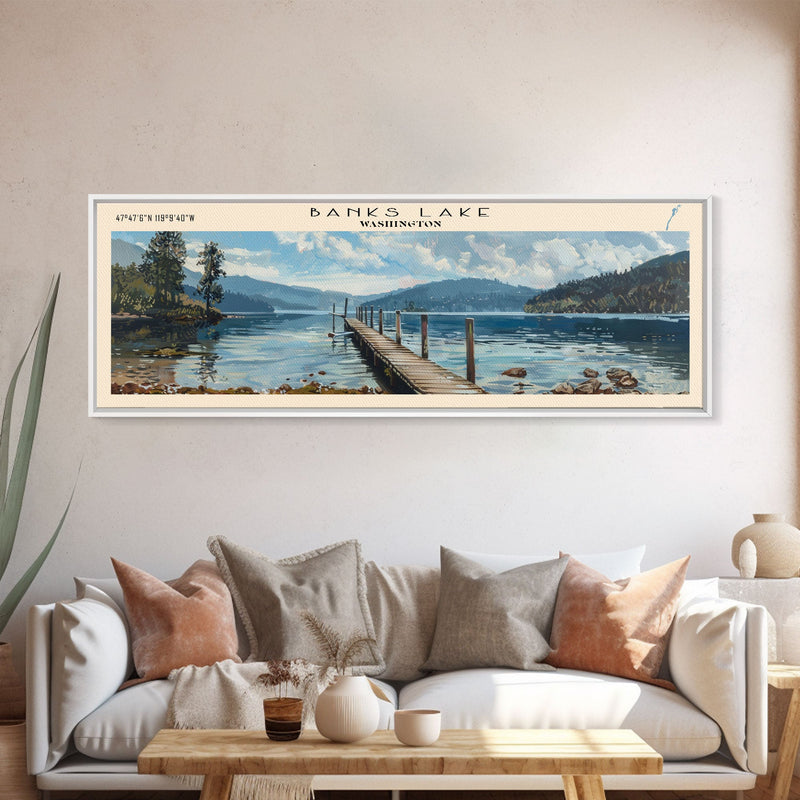 Banks Lake Washington Panoramic Framed Canvas Print, Lake House Decor, Rustic Art, Travel Poster, Scenic View, Home Decoration