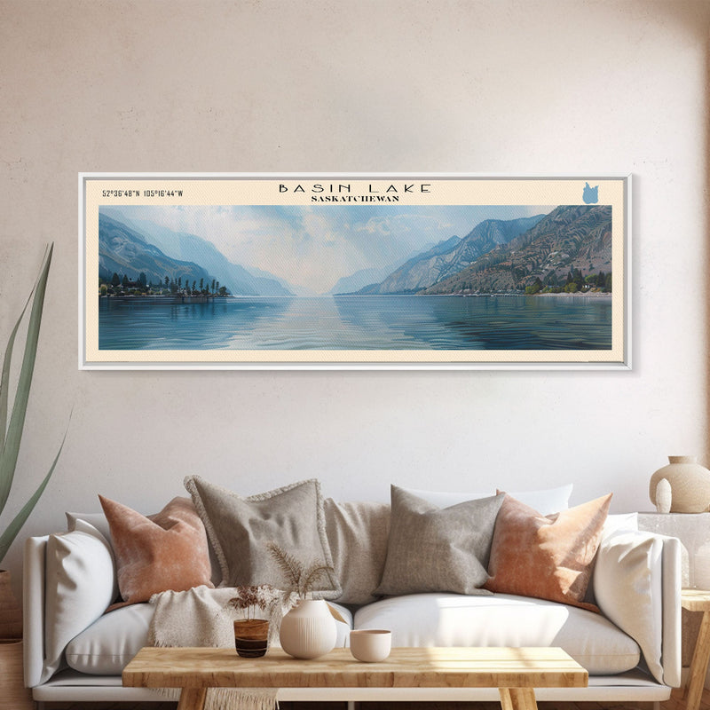 Basin Lake Panoramic Framed Canvas Print, Lake House Decor, Scenic Painting, Travel Poster, Rustic Art, Nature Wall Art