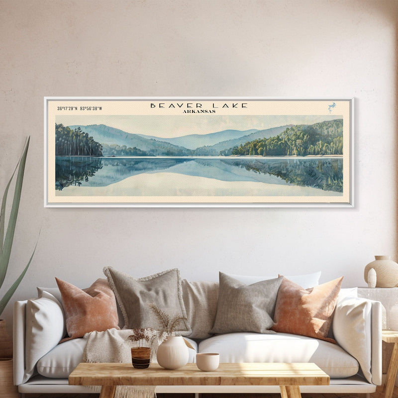 Beaver Lake Arkansas Framed Canvas Print, Panoramic Lake House Decor, Scenic Painting, Travel Poster, Rustic Art, Nature Wall Art