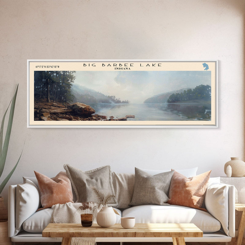 Big Barbee Lake Indiana Framed Canvas Print, Panoramic Lake House Art, Scenic Painting, Travel Poster, Rustic Decor, Nature Scene