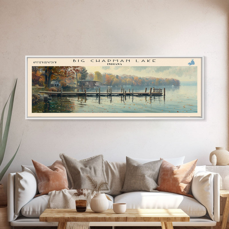 Big Chapman Lake Indiana Framed Canvas Print, Panoramic Lake House Art, Scenic Painting, Travel Poster, Rustic Art, Water Reflection