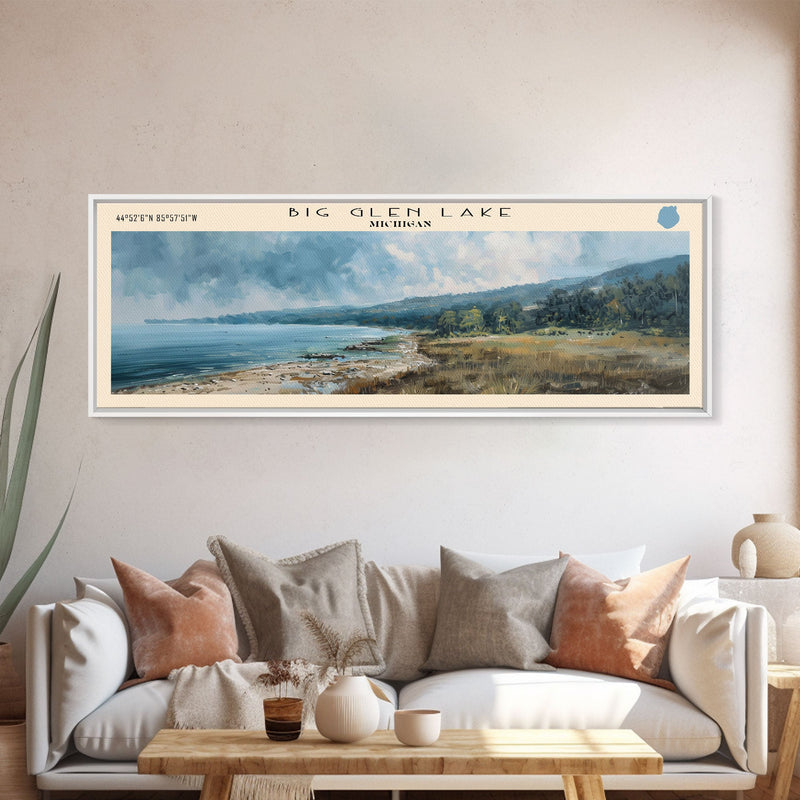 Big Glen Lake Michigan Framed Canvas Print, Lake House Decor, Panoramic Scenic View, Travel Poster, Rustic Art, Lake Painting