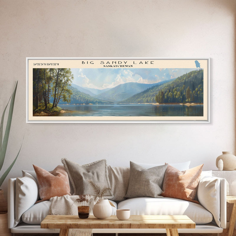 Big Sandy Lake Framed Canvas Print, Lake House Art, Panoramic Travel Poster, Scenic View, Modern Decor, Lake Painting