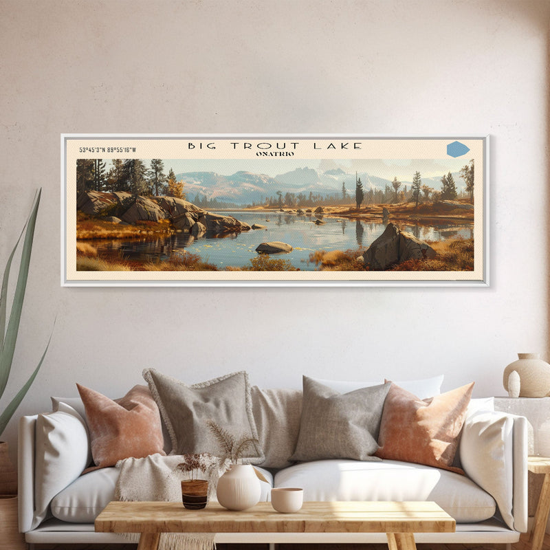 Big Trout Lake Framed Canvas Print, Lake House Art, Panoramic Scenic View, Travel Poster, Minimalist Wall Art, Lake Painting