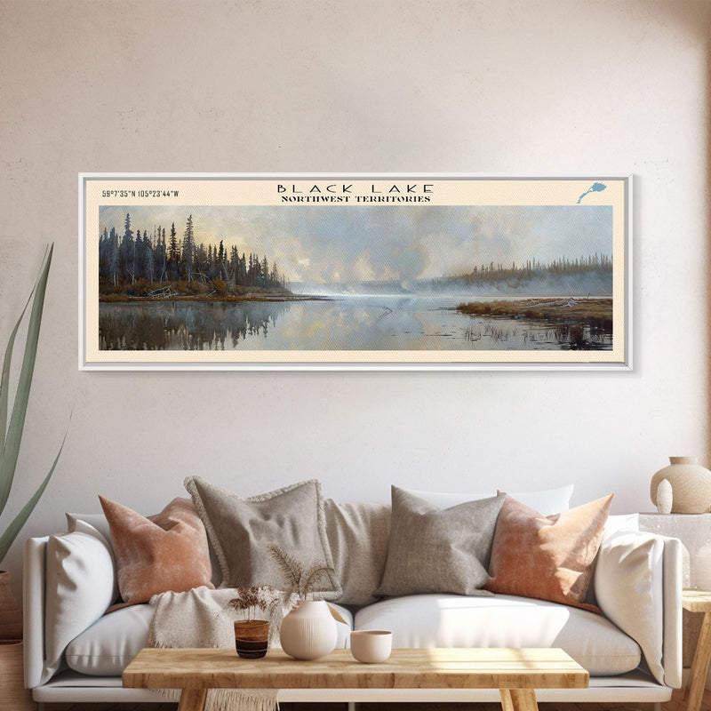 Black Lake Canada Northwest Territories Framed Canvas Print, Panoramic Lake House Art, Scenic View, Travel Poster, Lake Painting